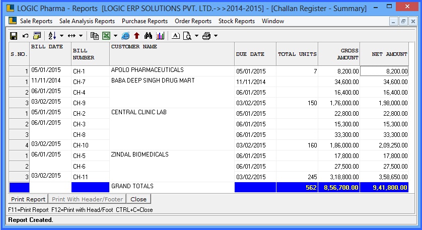 sale challan summary report